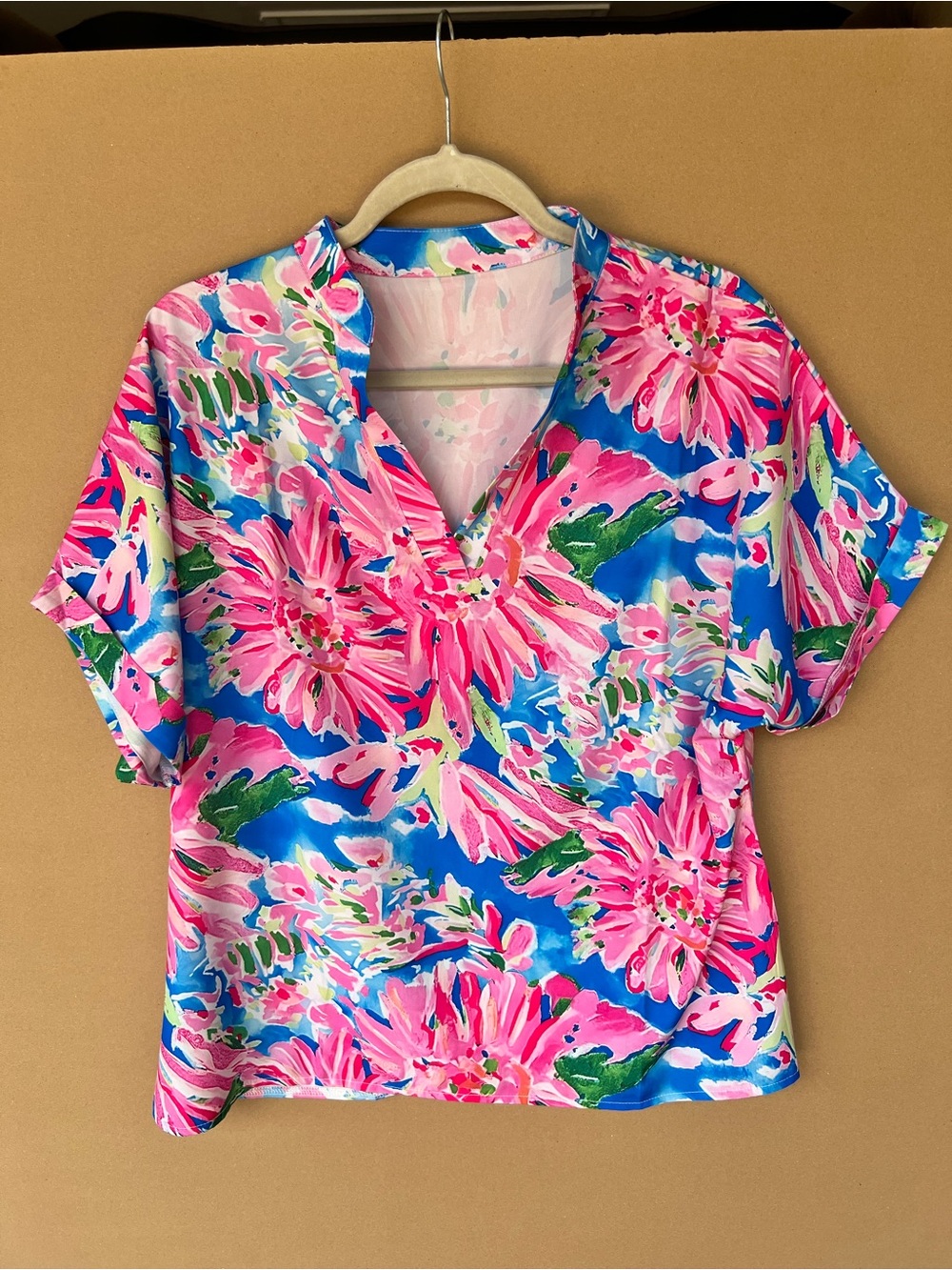 Vibrant Floral V-Neck Women's Top in Pink & Blue